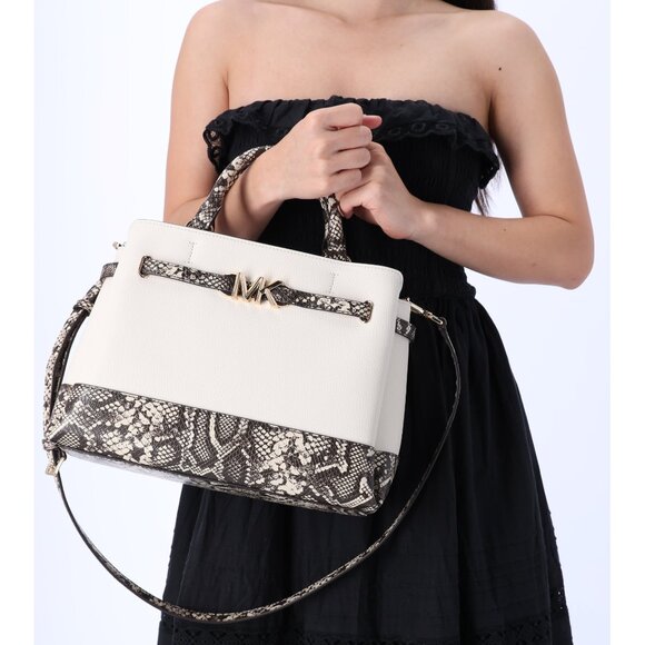 Michael Kors Reed Large Belted Satchel Bag Neutral Python Light Cream Leather - Picture 1 of 8